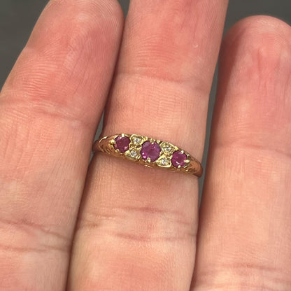 Vintage Pink Sapphire + Diamond + 9ct Yellow Gold Ring - Sz. 9.75
