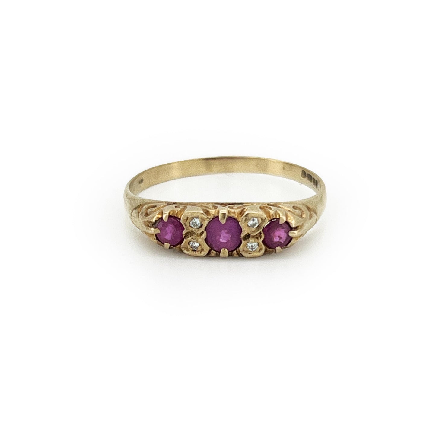 Vintage Pink Sapphire + Diamond + 9ct Yellow Gold Ring - Sz. 9.75