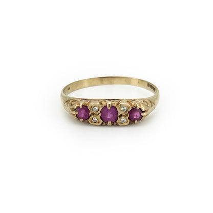Vintage Pink Sapphire + Diamond + 9ct Yellow Gold Ring - Sz. 9.75