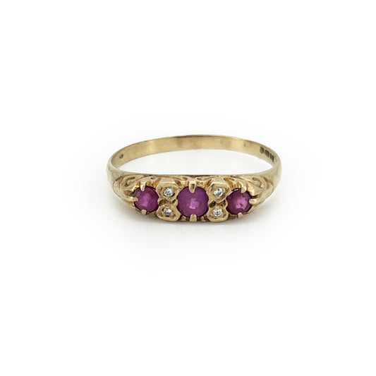 Vintage Pink Sapphire + Diamond + 9ct Yellow Gold Ring - Sz. 9.75