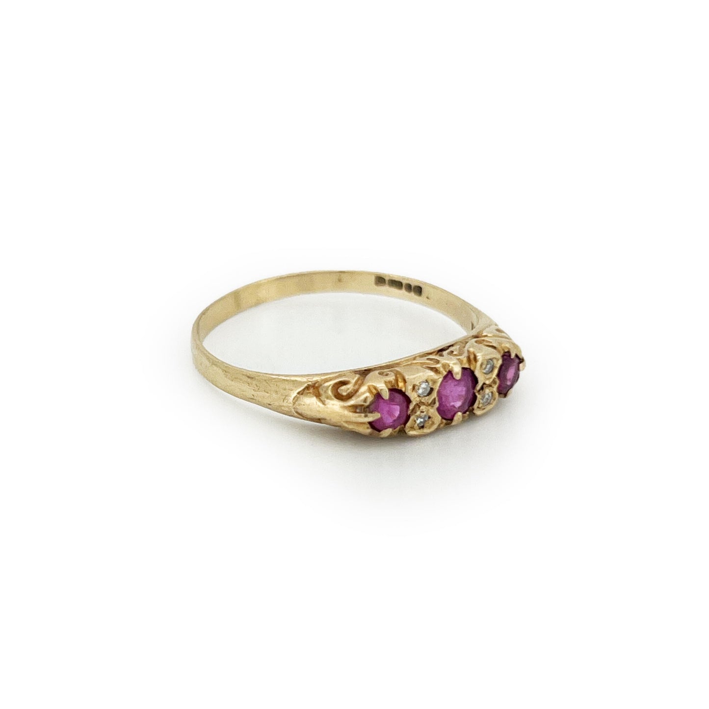 Vintage Pink Sapphire + Diamond + 9ct Yellow Gold Ring - Sz. 9.75