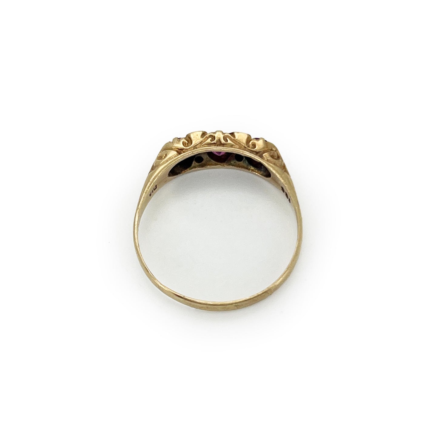 Vintage Pink Sapphire + Diamond + 9ct Yellow Gold Ring - Sz. 9.75
