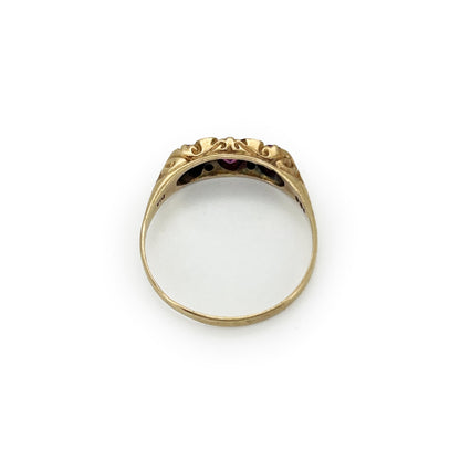 Vintage Pink Sapphire + Diamond + 9ct Yellow Gold Ring - Sz. 9.75
