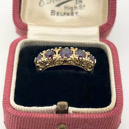 Vintage Garnet + 9ct Yellow Gold Five Stone Ring - Sz. 5.5