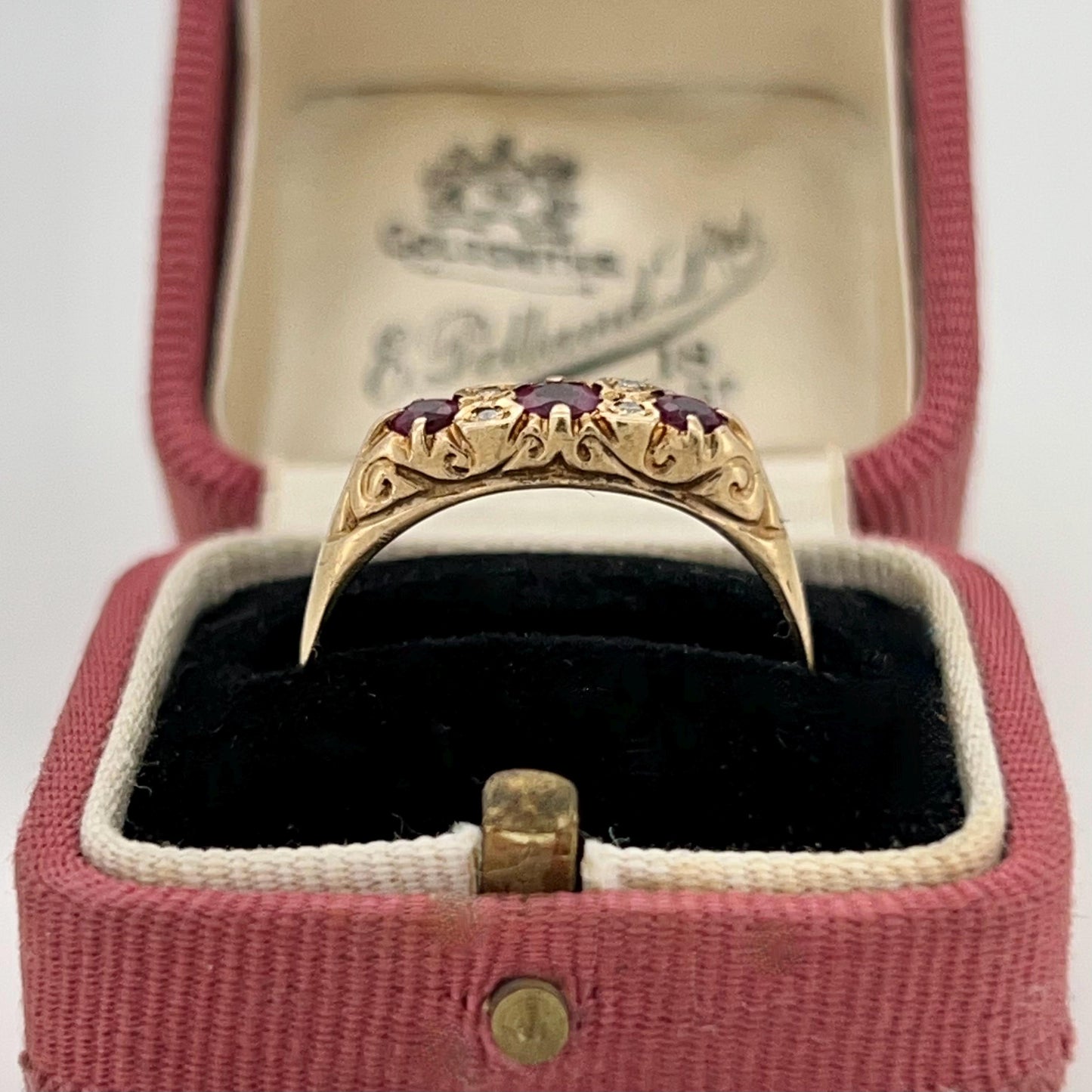 Vintage Pink Sapphire + Diamond + 9ct Yellow Gold Ring - Sz. 9.75