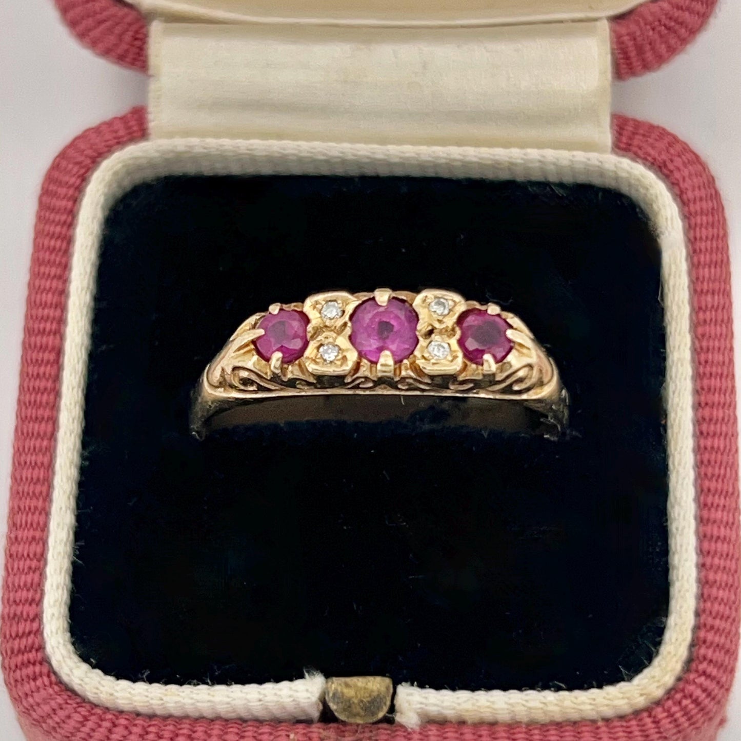 Vintage Pink Sapphire + Diamond + 9ct Yellow Gold Ring - Sz. 9.75