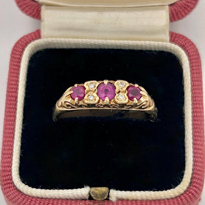 Vintage Pink Sapphire + Diamond + 9ct Yellow Gold Ring - Sz. 9.75
