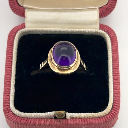 Vintage Amethyst + 9ct Yellow Gold Cabochon Ring - Sz. 4.75