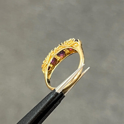 Vintage Garnet + 9ct Yellow Gold Five Stone Ring - Sz. 5.5