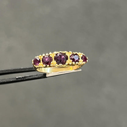 Vintage Garnet + 9ct Yellow Gold Five Stone Ring - Sz. 5.5