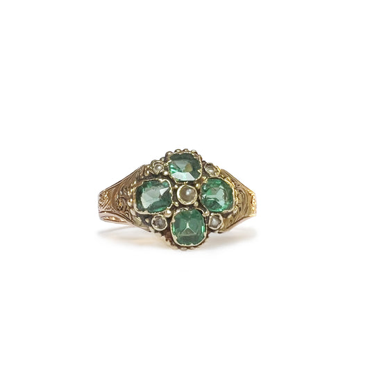Antique 15k Gold Victorian Emerald + Pearl Ring - Size 6.5