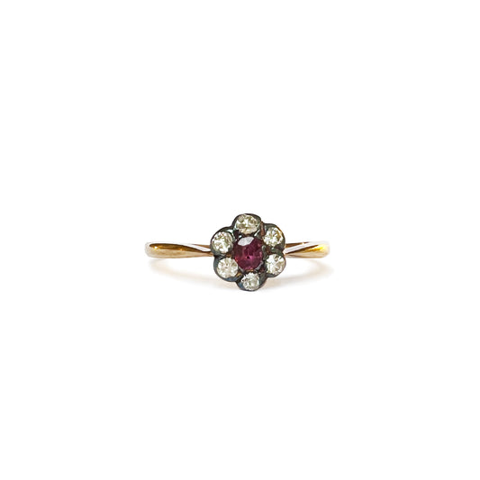 Antique 18k Gold Victorian Ruby + Diamond Daisy Ring - Size 6