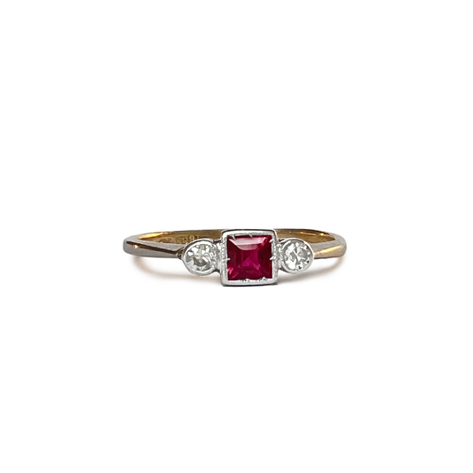 Antique 18k Gold Victorian Ruby + Diamond Ring - Size 6