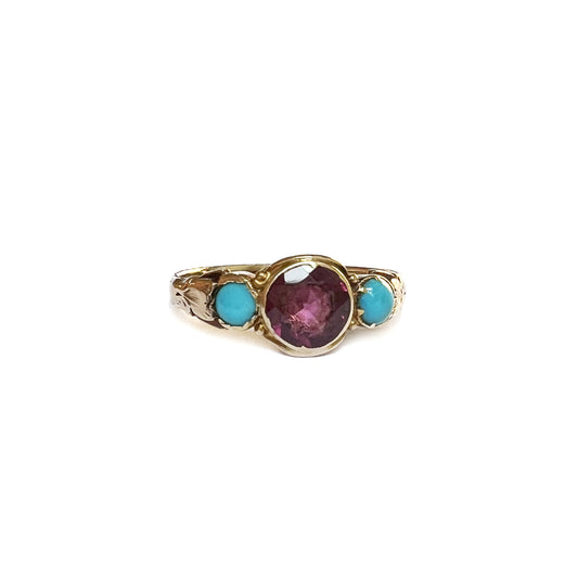 Antique 18k Gold Victorian Garnet + Turquoise Engraved Ring - Size 8