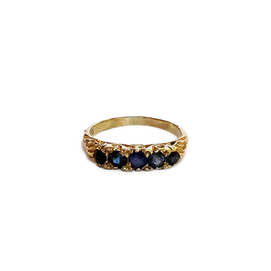 Antique 18k Gold Victorian Five Blue Sapphire Ring - Size 6