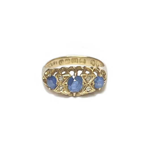 Vintage 18k Gold Three Blue Sapphire + Diamond Ring - Size 5