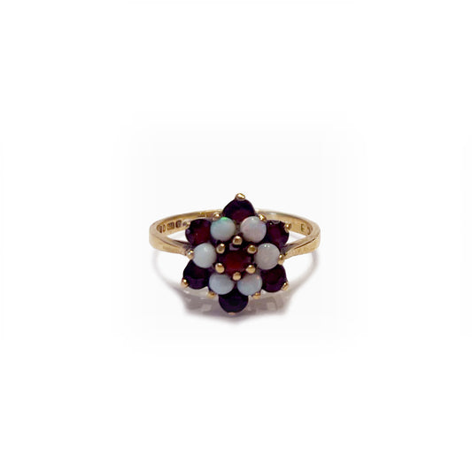 Vintage 9k Garnet + Opal Cluster Ring - Size 7