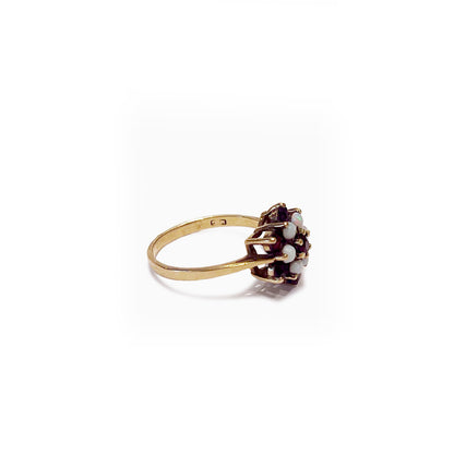 Vintage 9k Garnet + Opal Cluster Ring - Size 7