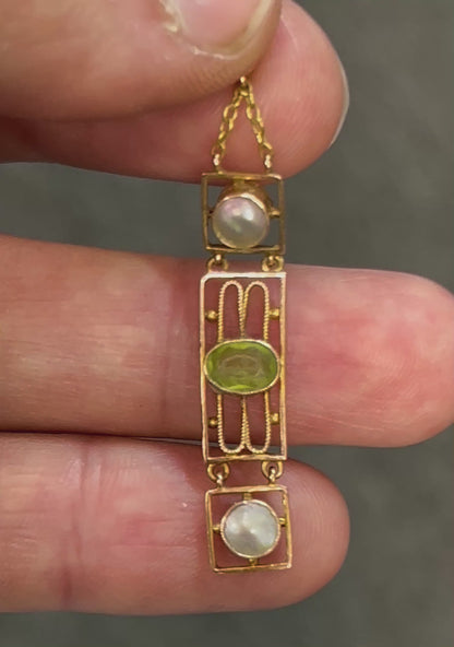 Antique Arts & Crafts Peridot + Pearl + 15ct Rose Gold Pendant