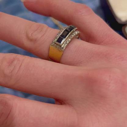Vintage Diamond + Blue Sapphire Baguette + 18k Yellow Gold Ring - Sz. 4