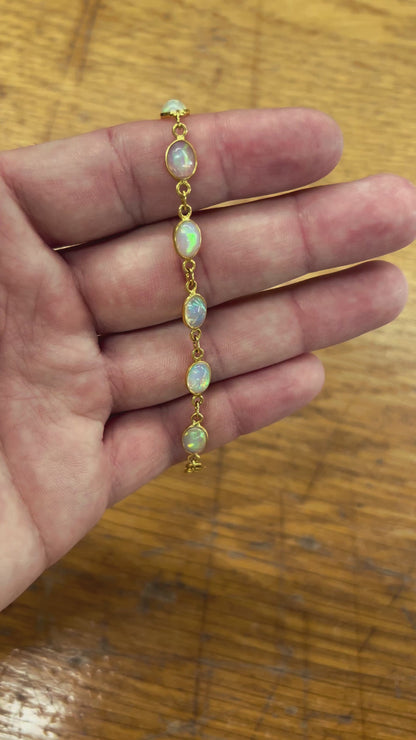 Natural Opal + 14ct Yellow Gold Link Bracelet - 7.5"L