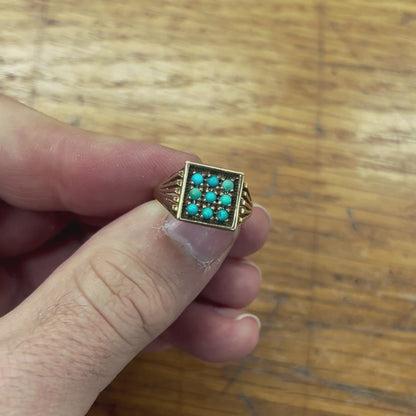 Vintage Nine Turquoise + 9ct Yellow Gold Plaque Ring - Sz.7.75