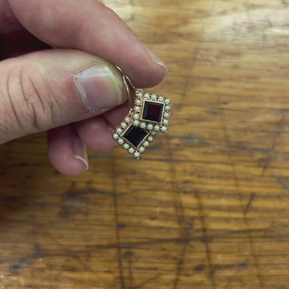Vintage Garnet + Seed Pearl + 9ct Rose Gold Hook Earrings