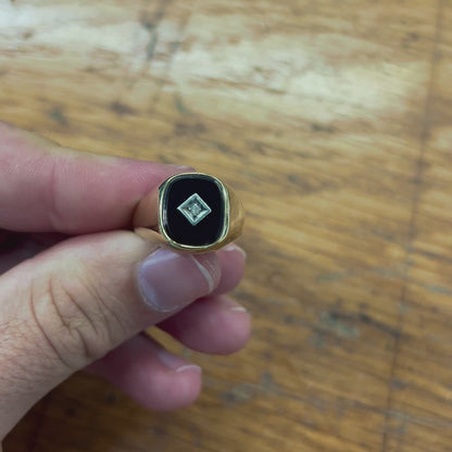 Vintage Onyx + Diamond + 9ct Yellow Gold Signet Ring - Sz. 7.75