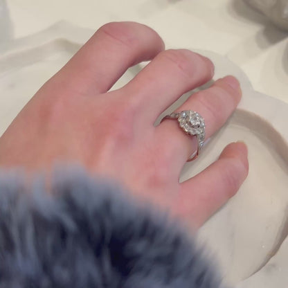 Antique Edwardian Old European Cut Diamond + 18k White Gold Daisy Ring - Size 6.25