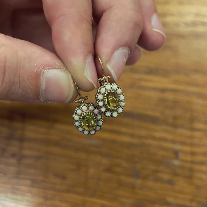 Vintage Cabochon Peridot + Opal + 9ct Rose Gold Hook Earrings