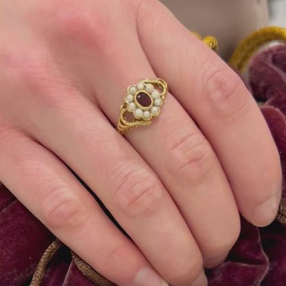 Vintage Garnet + Pearl + 18k Yellow Gold Snake Ring - Sz. 7.5