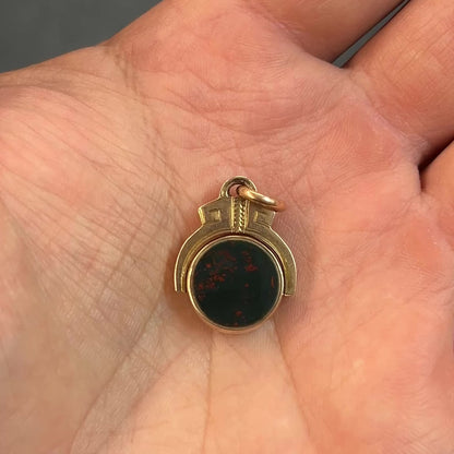 Antique Victorian Bloodstone + 9k Yellow Gold Flipper Fob Pendant