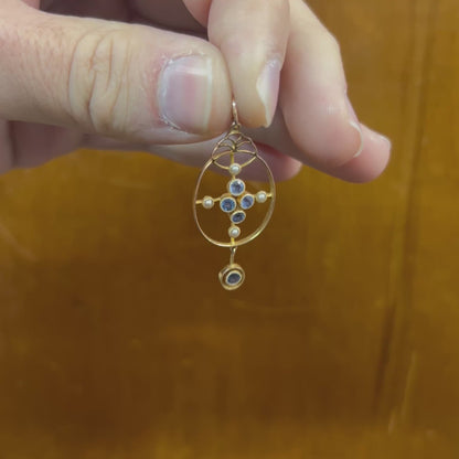 Antique Victorian Cornflower Blue Sapphire + Pearl + 15ct Yellow Gold Pendant