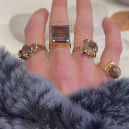 Vintage Three Smoky Topaz + 9ct. Yellow Gold Ring - Sz. 8.5