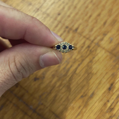 Vintage Blue Sapphire + Diamond + 9ct Yellow Gold Triple Ring - Sz. 4.75