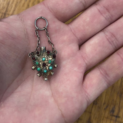 Antique Victorian Turquoise + Garnet + Gilt Silver Heart Perfume Charm