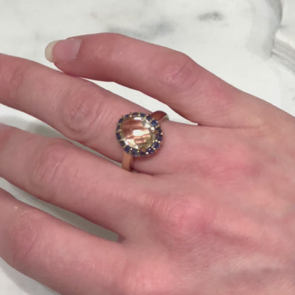 Estate Citrine + Blue Sapphire + 9ct. Yellow Gold Statement Ring - Sz. 5.5