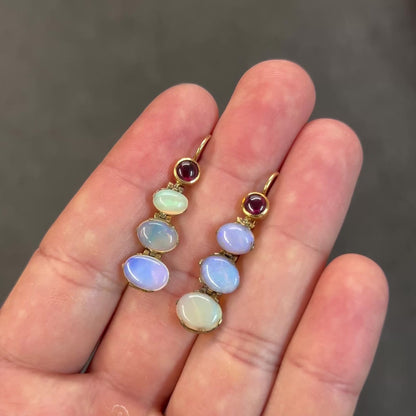 Antique Garnet + Opal + 9ct Yellow Gold Drop Earrings