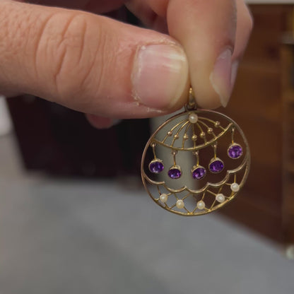 Antique Victorian Amethyst + Pearl + 15ct Rose Gold Pendant