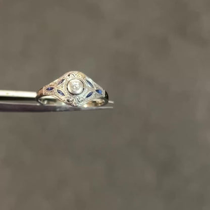 Antique Art Deco Diamond + Sapphire + 18k White Gold Ring - Sz.8