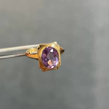 Vintage Amethyst + 9k Yellow Gold Picture Frame Ring - Sz 6.75