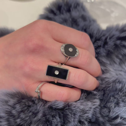 Antique Art Deco Onyx + Diamond Ring - 18ct White Gold - Sz 6.25