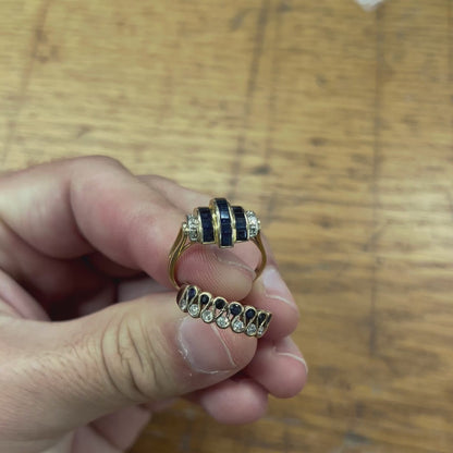 Vintage Blue Sapphire + Diamond + 14ct Yellow Gold Tank Ring - Sz. 8