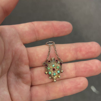Antique Victorian Turquoise + Garnet + Gilt Silver Heart Perfume Charm