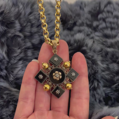 Antique Louis V Onyx + Diamond + Emerald Pendant + 19ct Yellow Gold