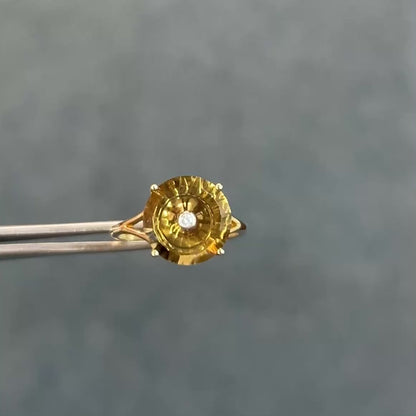 Estate Citrine + Diamond + 9k Yellow Gold In-Set Ring  - Sz 7