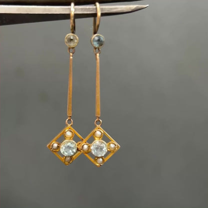 Antique Aquamarine + Pearl + 9ct Yellow Gold Drop Earrings