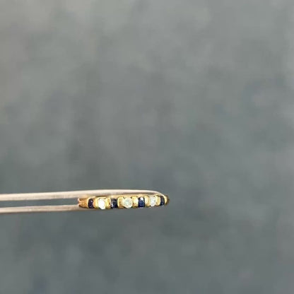 Vintage Blue Sapphire + Diamond + 9k Yellow Gold 7 Stone Eternity Ring - Sz 6.5