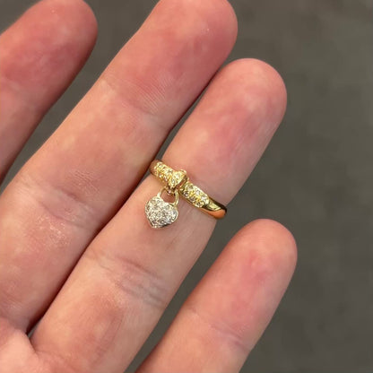 Vintage Diamond + 18k Yellow Gold Heart Dangle Charm Ring - Sz. 5.75
