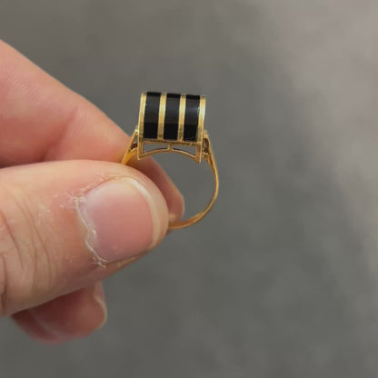 Vintage Black Onyx + 18ct Yellow Gold Striped Dome Ring - Sz. 5.5